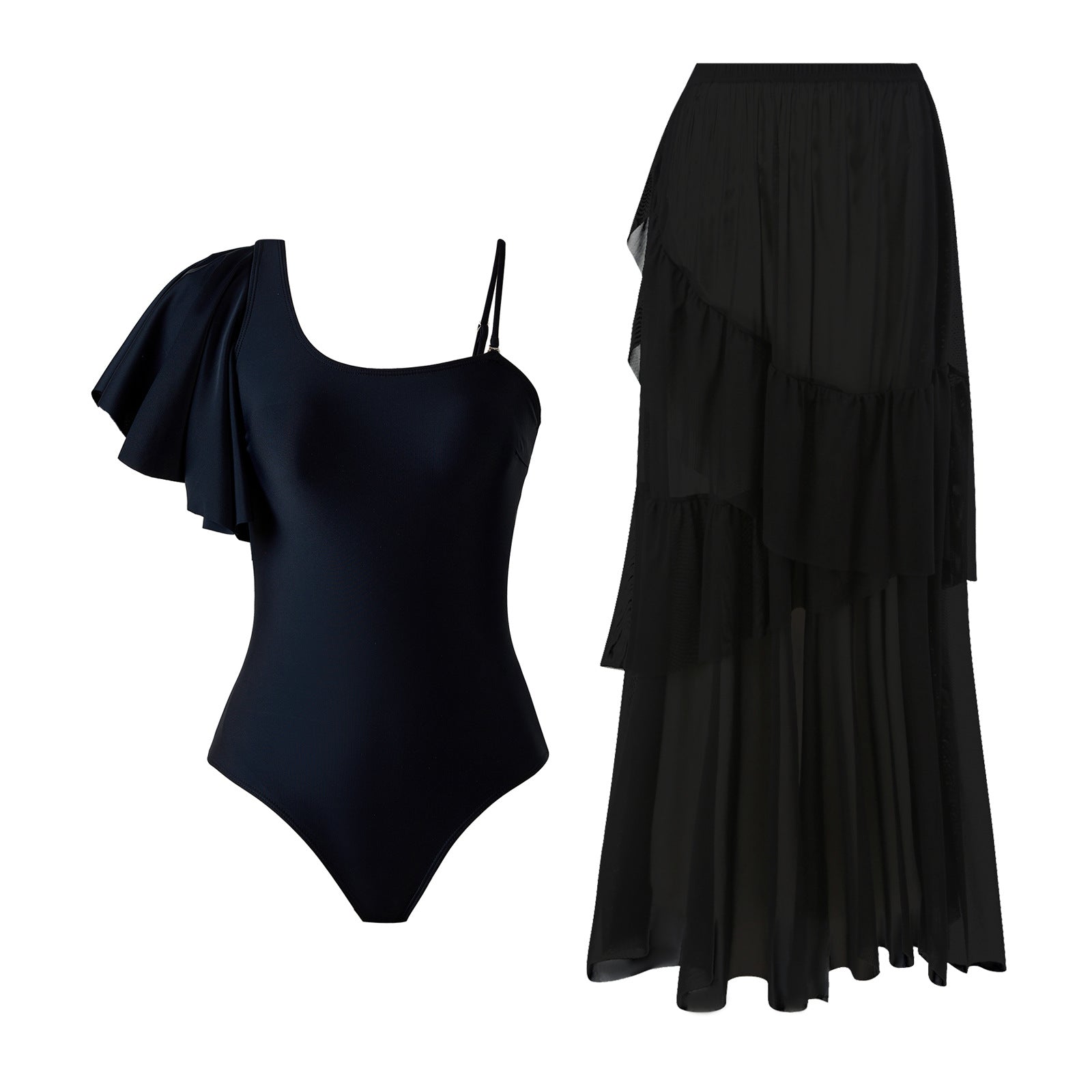 Sexy Swimsuit Women Flounced Two Piece Set Tulle Skirt Swimsuit Outfit Black Set