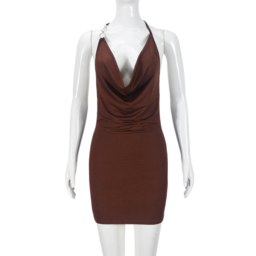 Women Clothing Sexy Slim Strap Deep V Plunge Swing Collar Backless Sheath Dress Brown