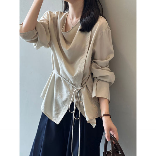 Elegant Swing Collar Lace up Tencel Shirt Women Autumn Side Buckle Waist Controlled Long Sleeves Shirt