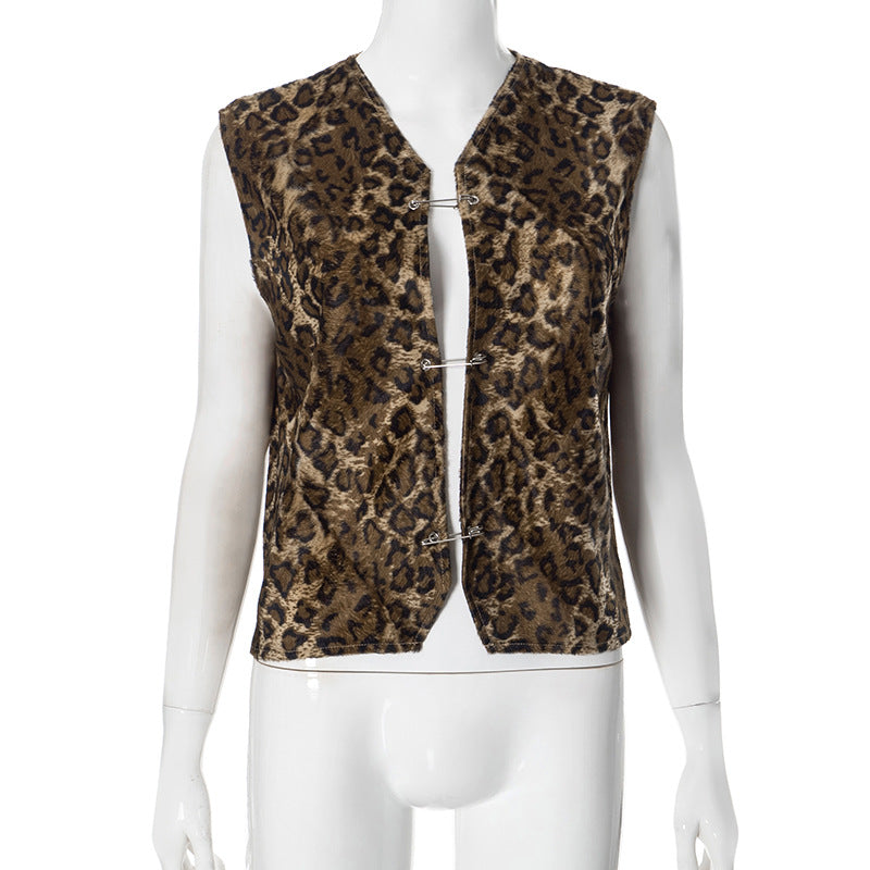 Women's Clothing Summer Leopard Print Cardigan Sleeveless Casual Top Leopard