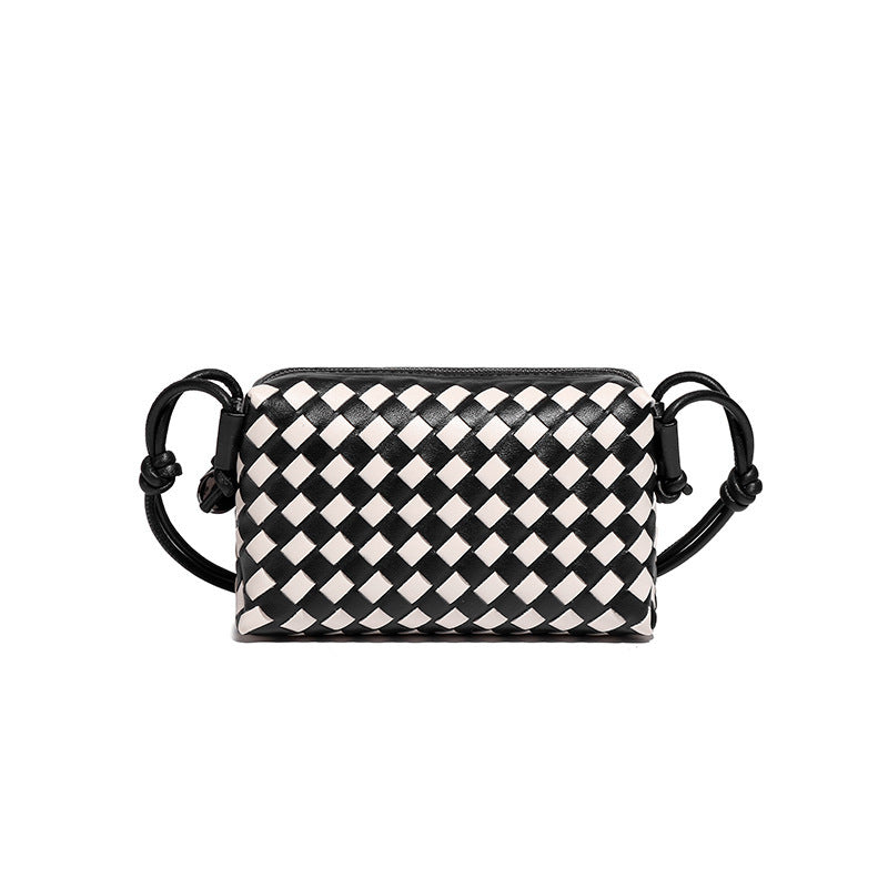 Hand Woven Bag Simple Trendy One Shoulder Crossbody Women Bag Black White Chessboard Plaid Small Square Bag One Size Black White