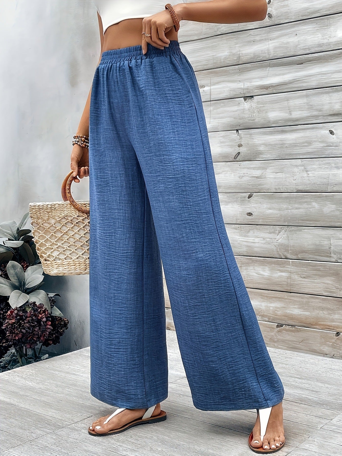 Ladies Spring Autumn Wide Leg Pants Mid Waist Elastic Waist Casual Trousers Blue