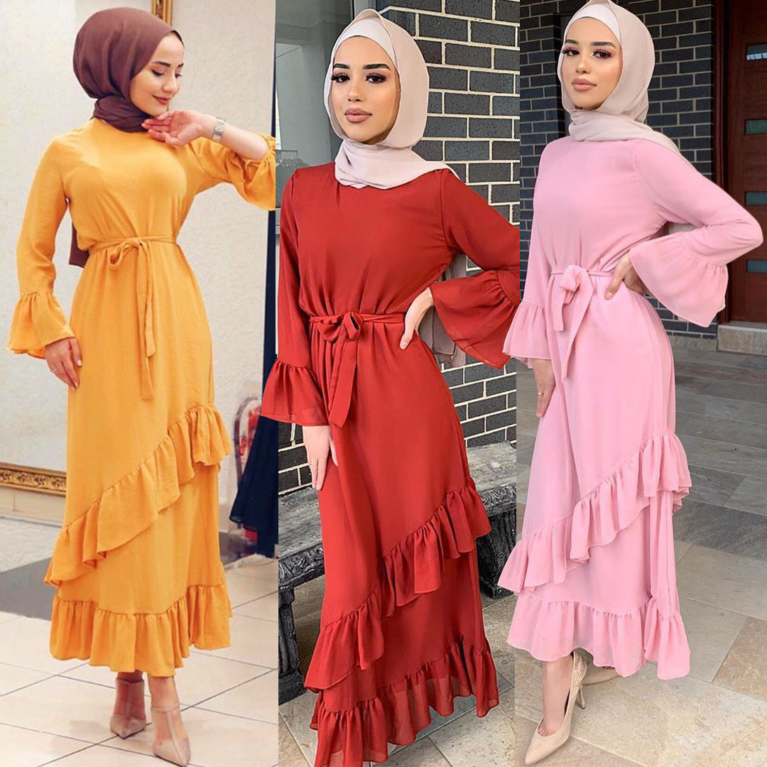 Women Muslim Ethnic Maxi Dress Ruffled Patchwork Flared Sleeves Dress