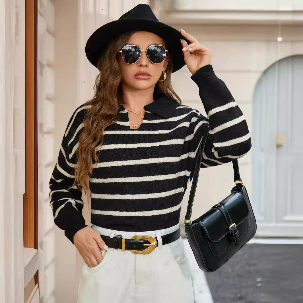 Spring Autumn Classic Striped Pullover Sweater Women Polo Collar Long Sleeve Knitted Top