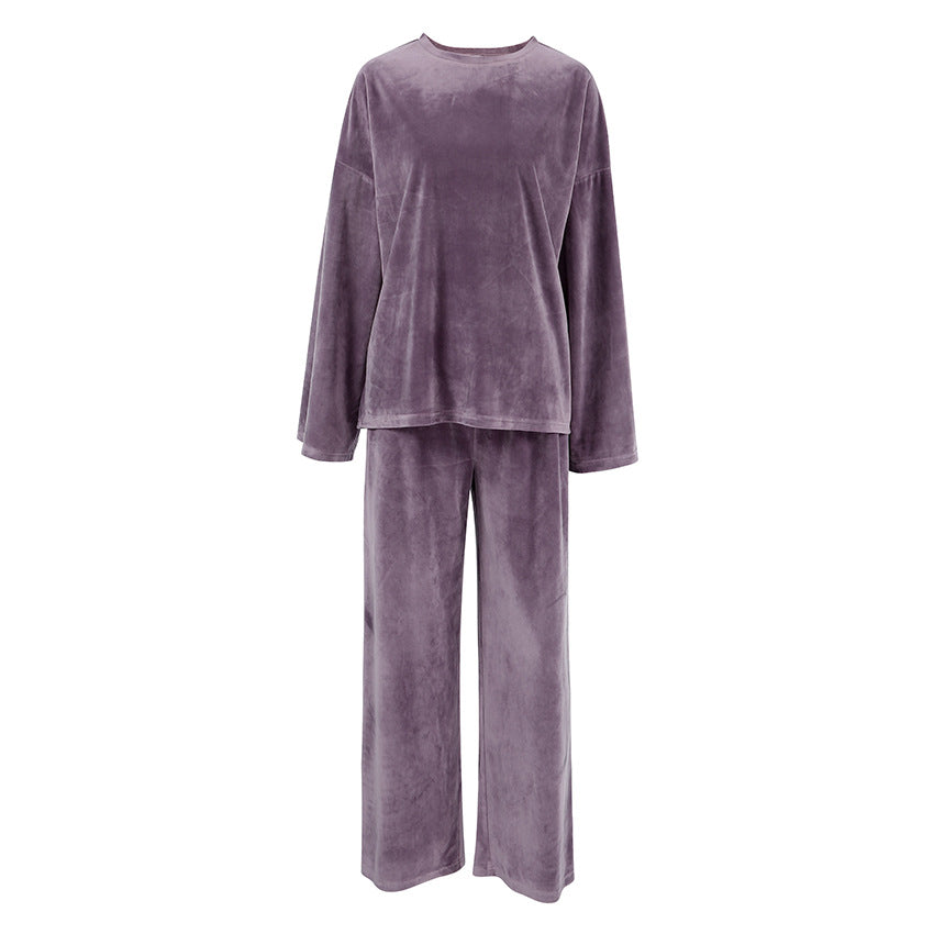 Autumn Velvet Purple Long Sleeve Trousers Ladies Homewear Warm Comfortable Pajamas Sets