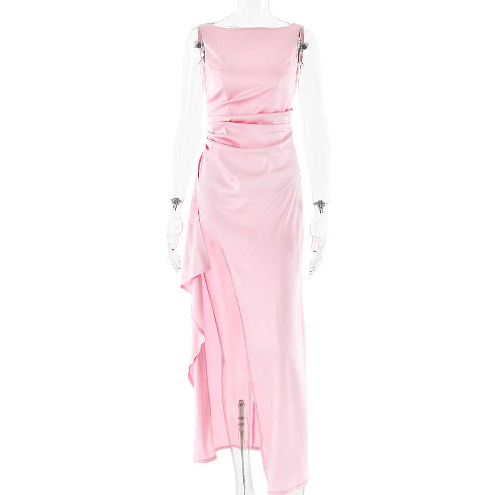 Summer Slim Sleeveless Backless Satin Dress Pleated High Slit Dress Pink