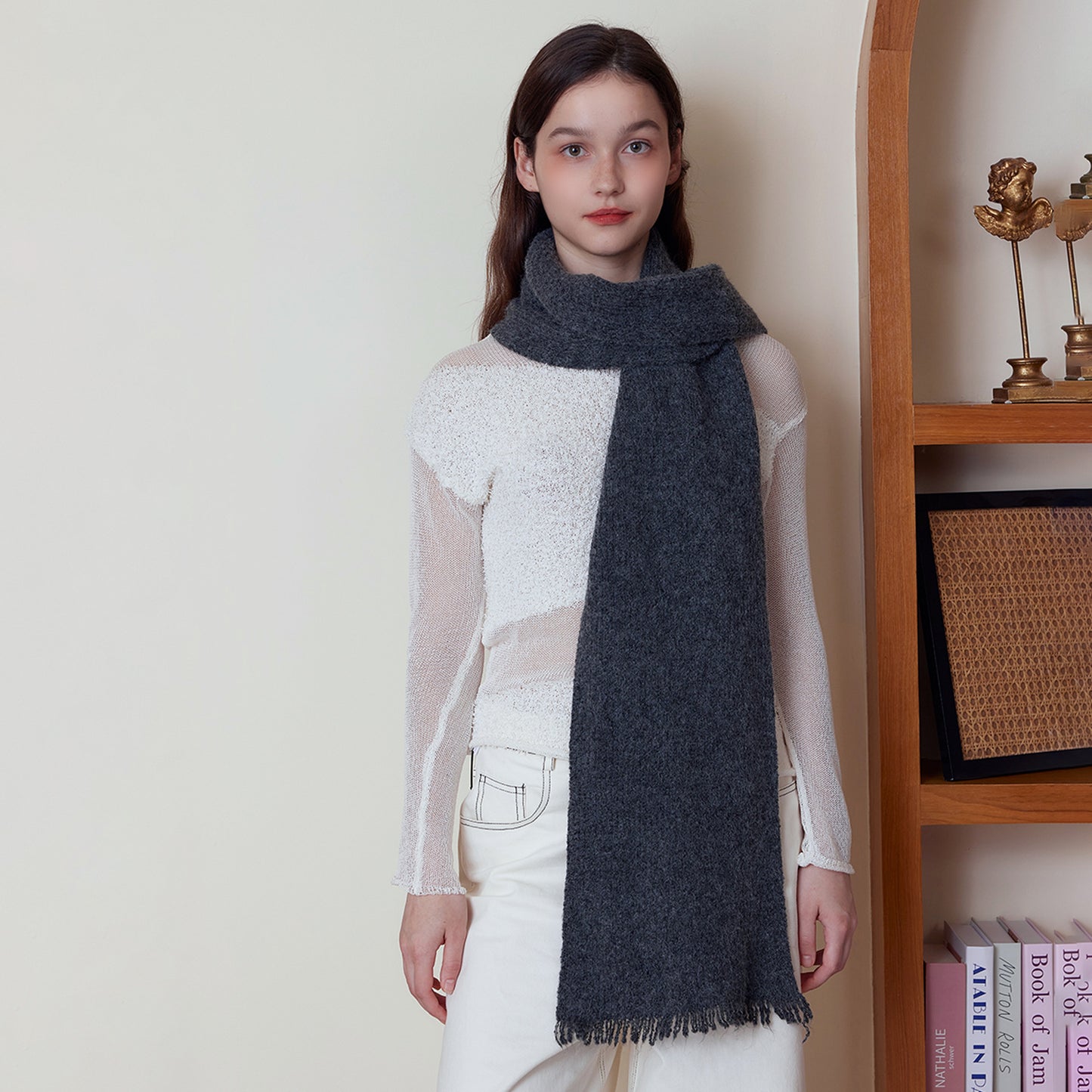 Autumn Winter Soft Knitted Wool Scarf All Matching Warm Solid Color High Grade Woolen Blended Textile Scarf Women One Size Dark Grey