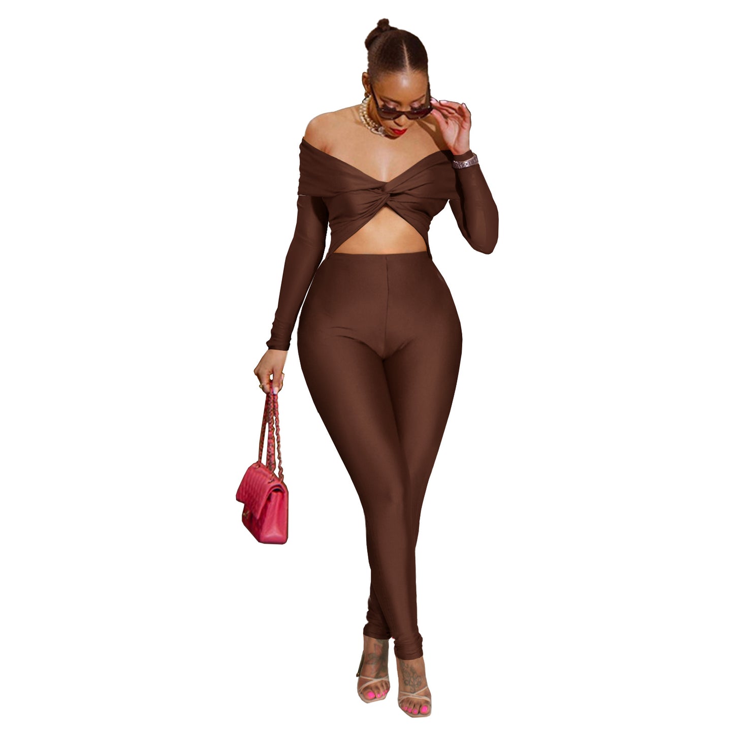 Women Clothing Collared Twist Hollow Out Cutout Cropped Sexy High Waist Long Sleeve Jumpsuit Brown