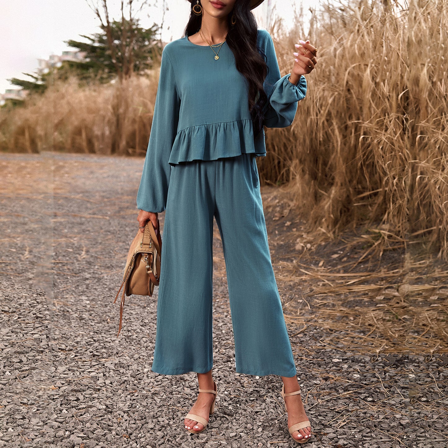 Women Clothing Autumn Winter Casual Suit Solid Color Long Sleeved Top Loose Trousers Turquoise