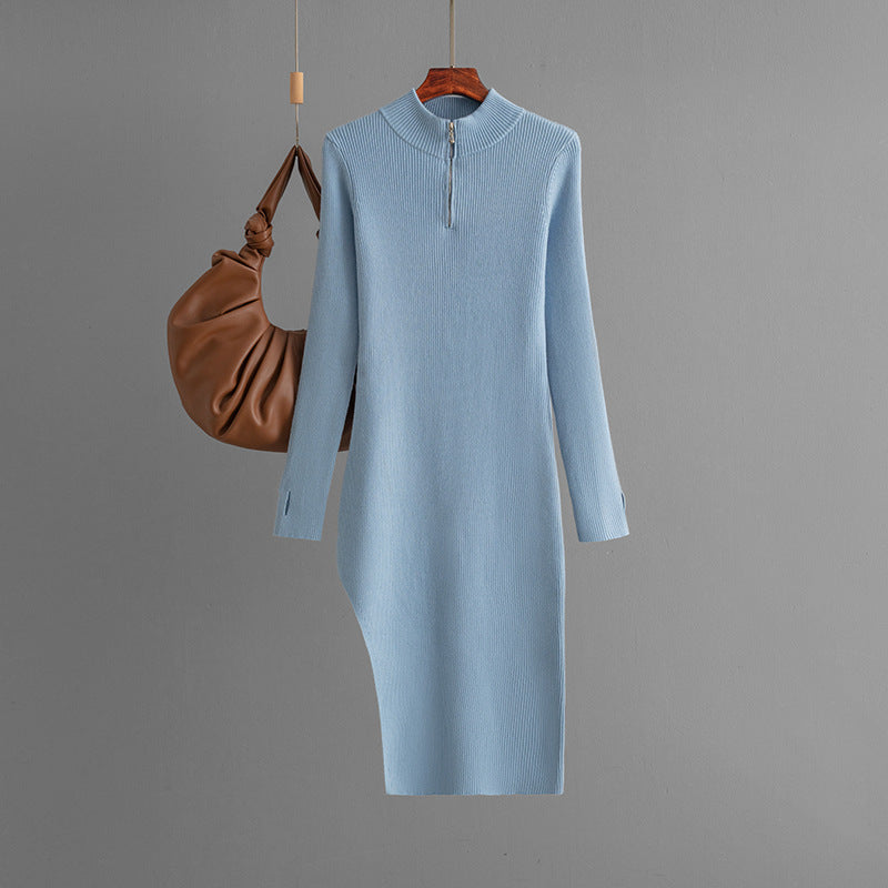 Zipper Knitted Dress Women Autumn Winter Half High Collar Long Sleeves Bottoming Hip Solid Color Dress