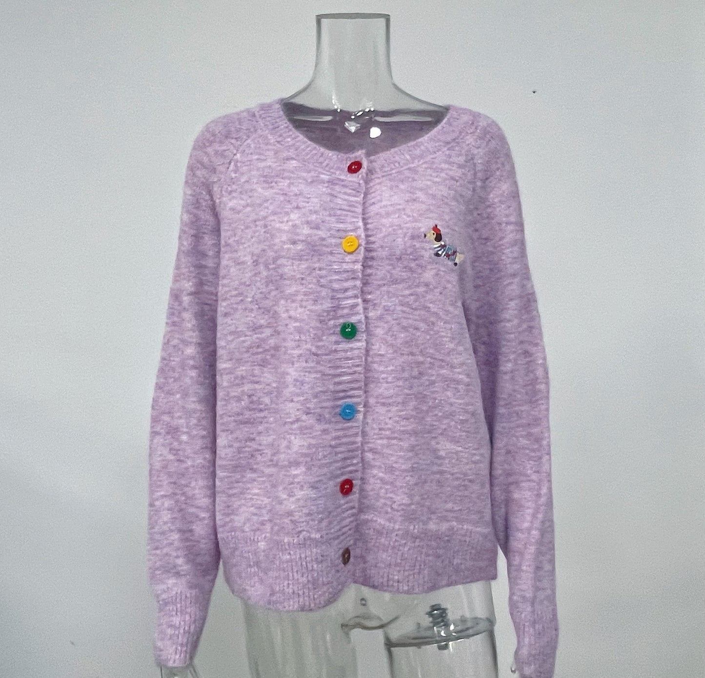 Round Neck Buckle Puppy Embroidered Long Sleeved Sweater Cardigan Women Autumn Korean All Matching Top One Size Purple