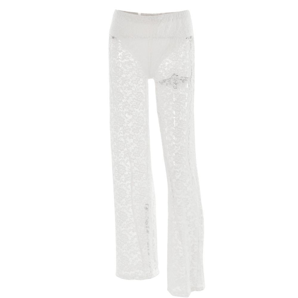 Summer Sexy All Matching Lace See through High Waist Stitching Long Straight Leg Pants White