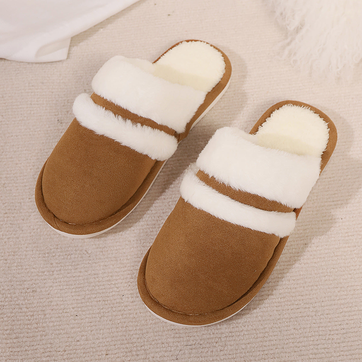 Fluffy Slippers Autumn Winter Warm Slugged Bottom Home Thickened Fleece Slippers Home Indoor Cotton Slippers Rabbit Fur Stitching Brown