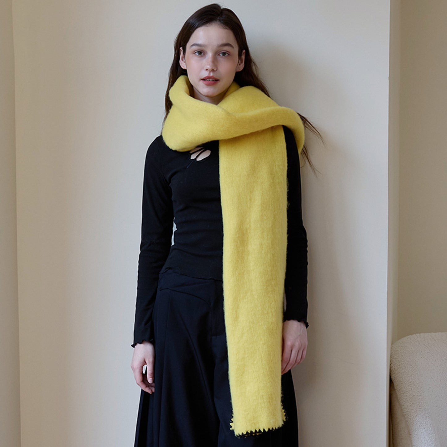 High Grade Atmosphere Soft Glutinous Cashmere like Lock Design Thickened Keep Warm Solid Color Scarf Women Red One Size Lemon Yellow