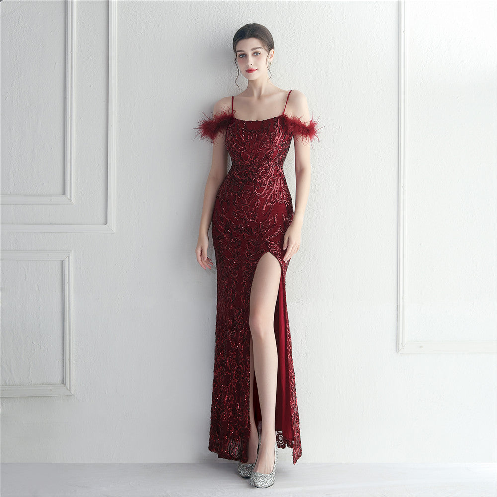 Positioning Floral Sequin Wool Binding Craft Sexy Sling Dress Long Burgundy