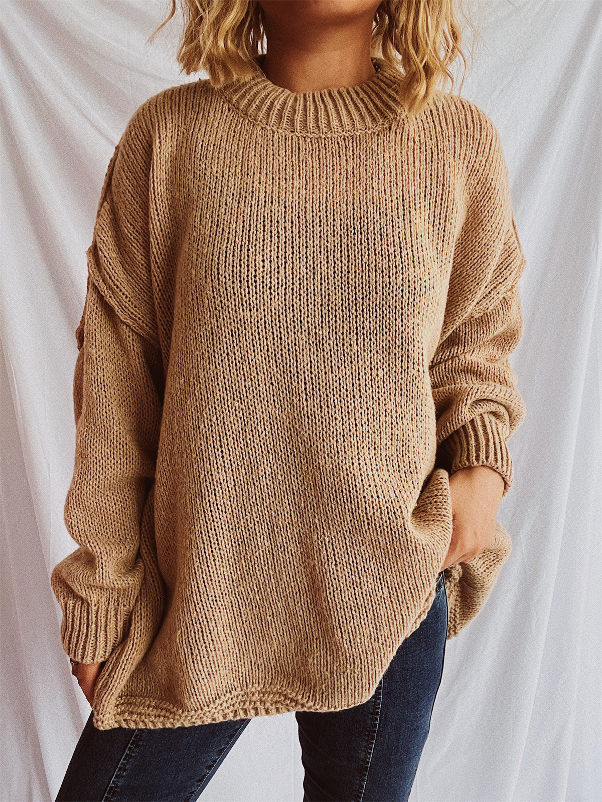 Women Autumn Winter Loose Pullover Sweater Long Sleeve round Neck ide out Wear Sweater for Women Khaki