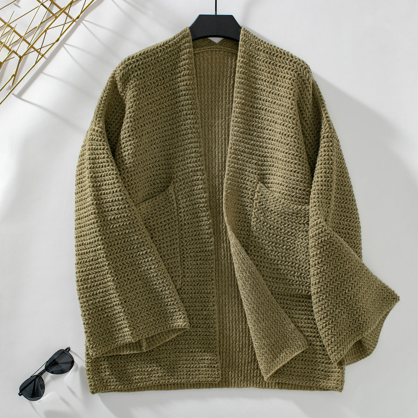 Solid Color Pocket Knitted Sweater Cardigan Coat Women Autumn Winter Casual Loose Long Sleeve Women Clothing Mustard Green