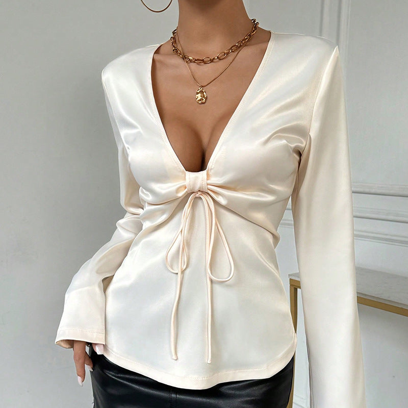 Sexy Top V neck Bow Tie Long Sleeve Women Shirt Arrival High Grade Shirt