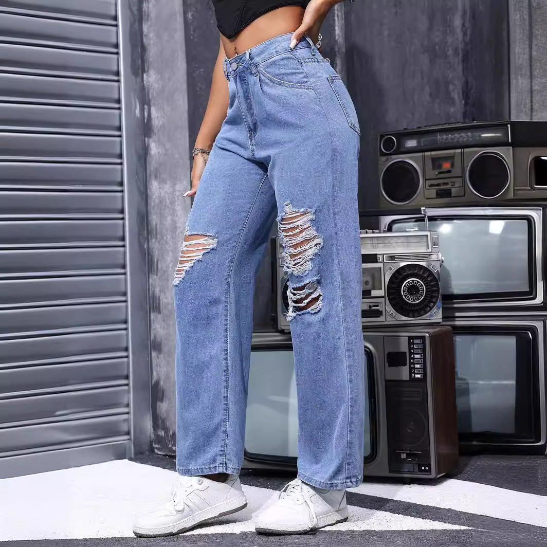 Women Summer Straight Wide Jeans Ripped Street Casual Slimming