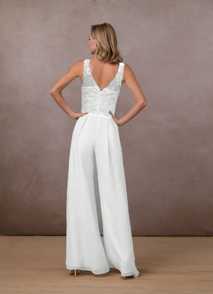 Jumpsuit Lace Chiffon Jumpsuit V neck Mid Waist White Trousers Wide Leg Pants