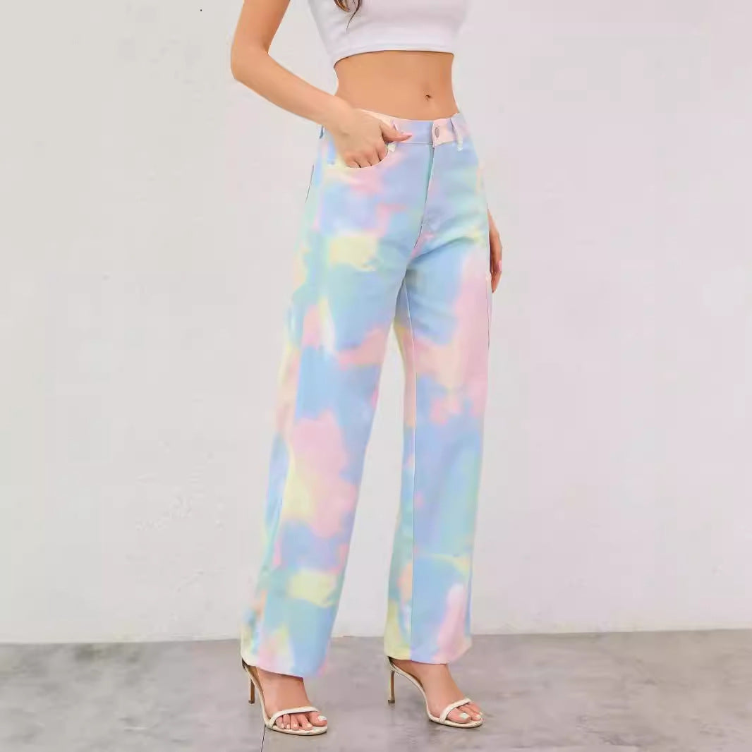 Summer Rainbow Tie Dyed Jeans Women Loose Straight Trousers Trend