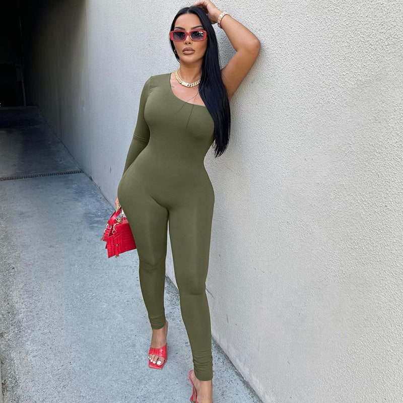 Women Clothing Shoulder Single Sleeve Solid Color Sexy Tight Hip Lift Feet Jumpsuit