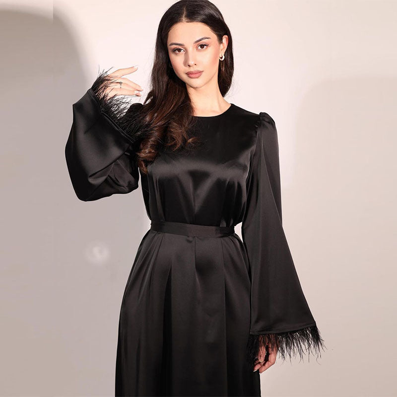 Satin Elegant round Neck Stitching Feather Cuff Lace up Maxi Dress