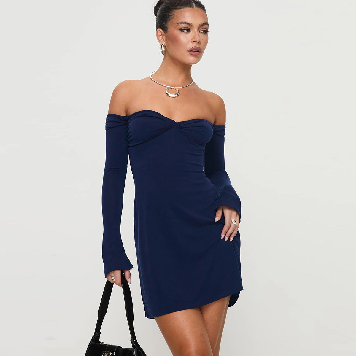 Autumn Winter Women Clothing Long Sleeve Dress Sexy Off Neck Tube Top Backless Hip Dress Navy Blue