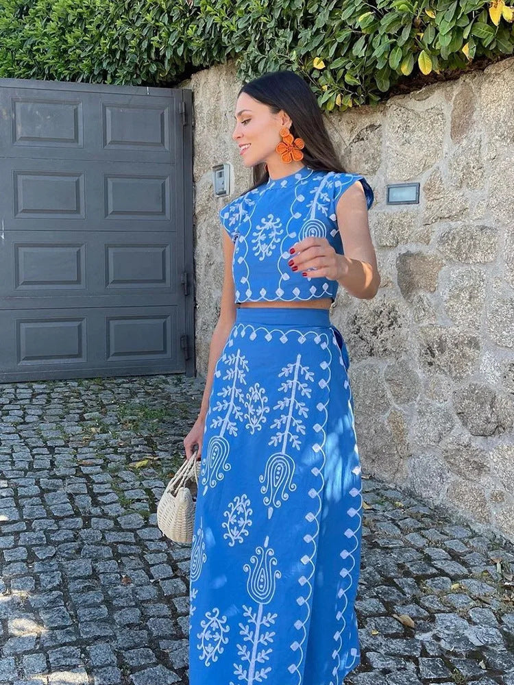 Women Printing Vacation Two Piece Dress Spring Summer Blue