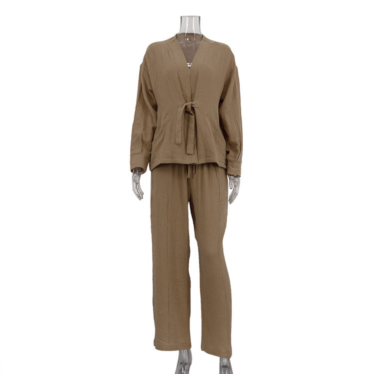 Cotton Pleated Loose Long Sleeve Cardigan Top Trousers Idle Casual Suit Niche Khaki