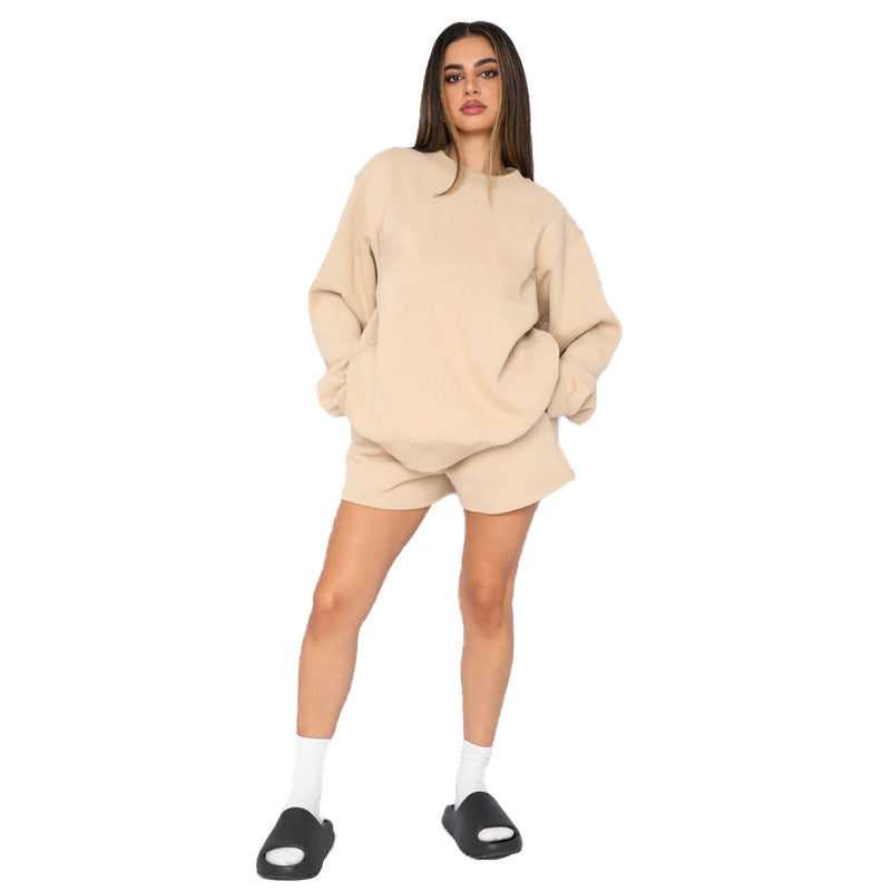 Cotton Autumn Winter Solid Color round Neck Pullover Long Sleeve Sweater Women Casual Shorts Set Apricot