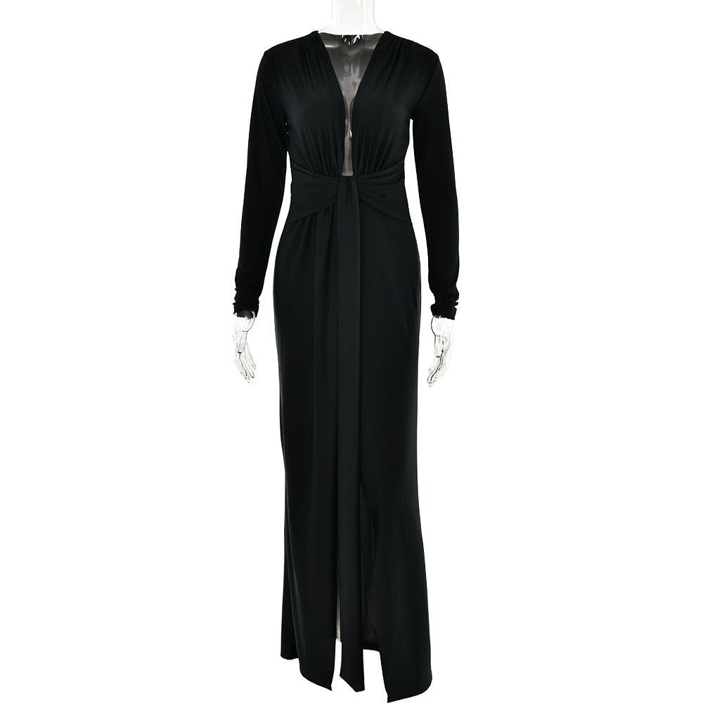 Women Clothing Deep V Plunge neck Long Sleeve Dress Sexy High Slit Pleated Dress Black