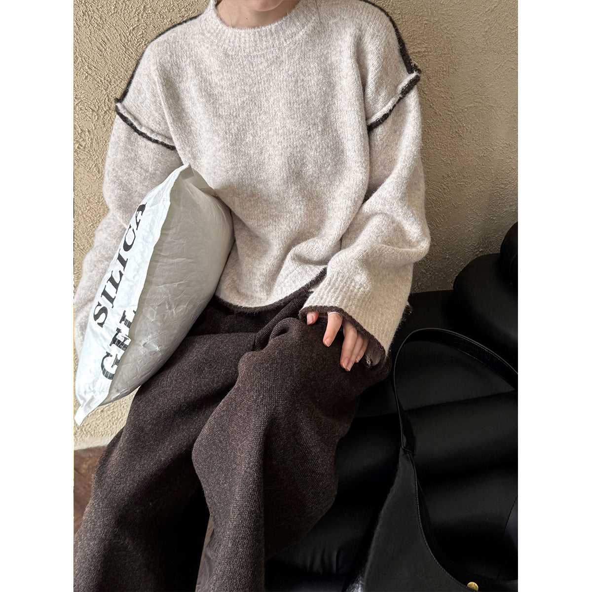 Idle Contrast Color Irregular Asymmetric Hem Sweater Women Autumn Winter Loose Casual Anti Aging Top