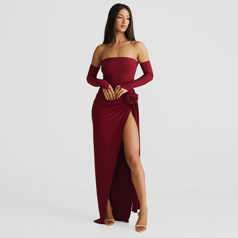 Women Clothing Autumn Winter Personalized Solid Color Oversleeve Tube Top Jumpsuit Sexy Slit Skirt Set Burgundy