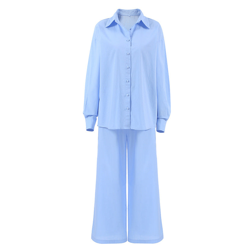 Fall Blue Color Cotton Ladies Homewear Loose Long Sleeved Trousers Pajamas Two Piece Set