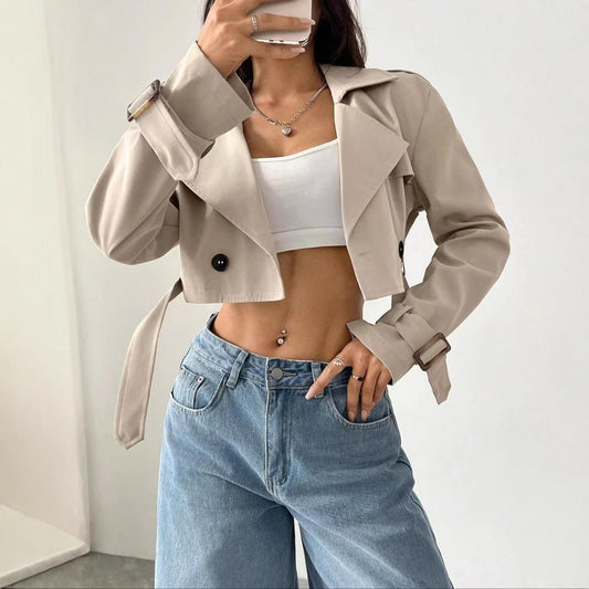 Women Clothing Belt Short Casual Trench Coat