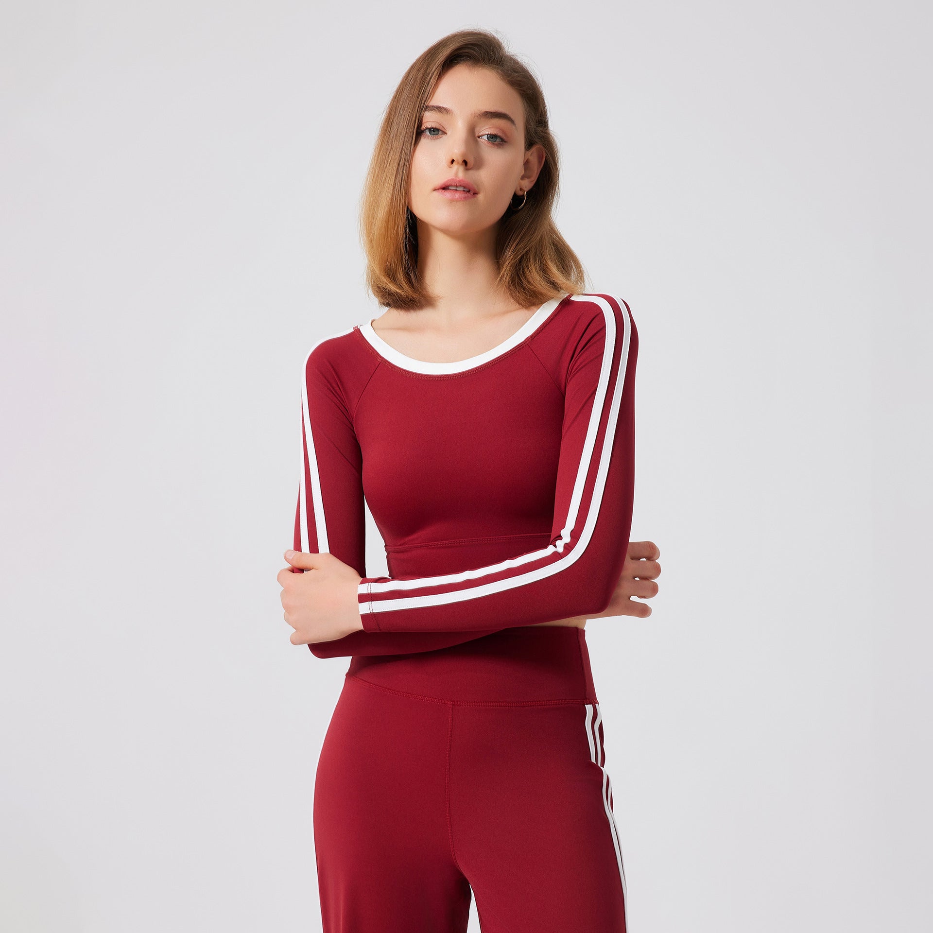 Sexy Yoga Clothes Long Sleeve with Chest Pad Running Quick Drying Sports Bra One Piece Cup Workout Clothes Top Ankela Red