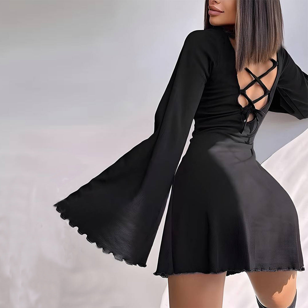 Big Bell Sleeve Dress Autumn Winter Sexy Backless Women