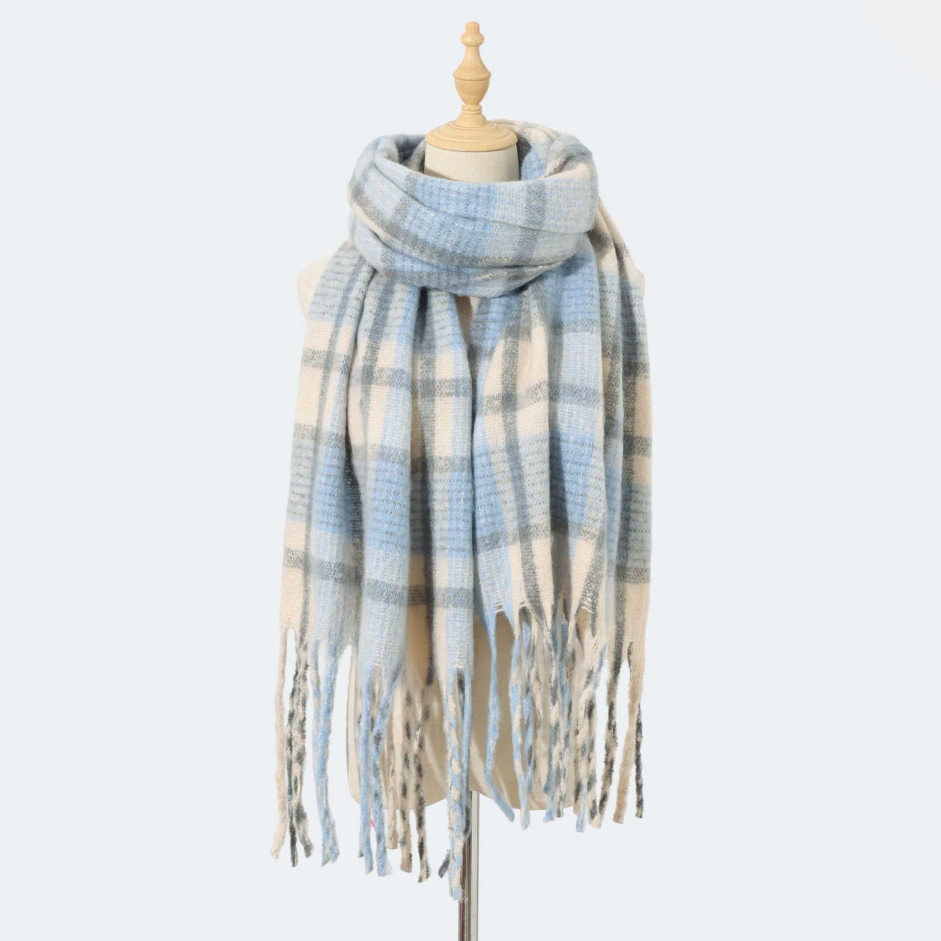 Autumn Winter Mohair Plaid Scarf for Women Thickened High Grade Cashmere like Scarf Warm Scarf One Size Blue