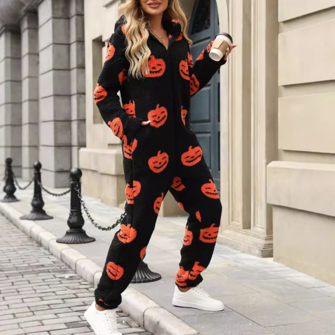 Women Clothing Autumn Winter Halloween Pumpkin Print Loose Zip Plush Jumpsuit