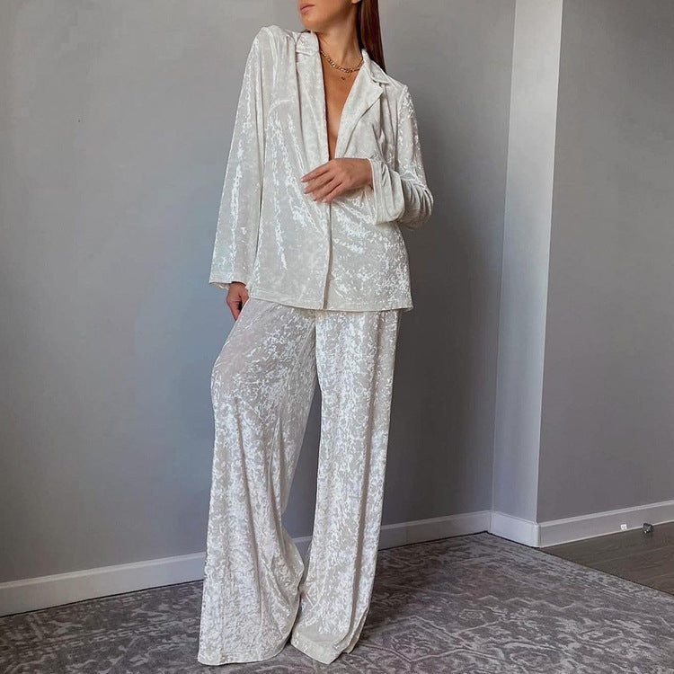 Women Clothing Early Spring Long Sleeve Loose Drooping Top Wide Leg Trousers Homewear Casual Lazy Blazer Suit Set S White