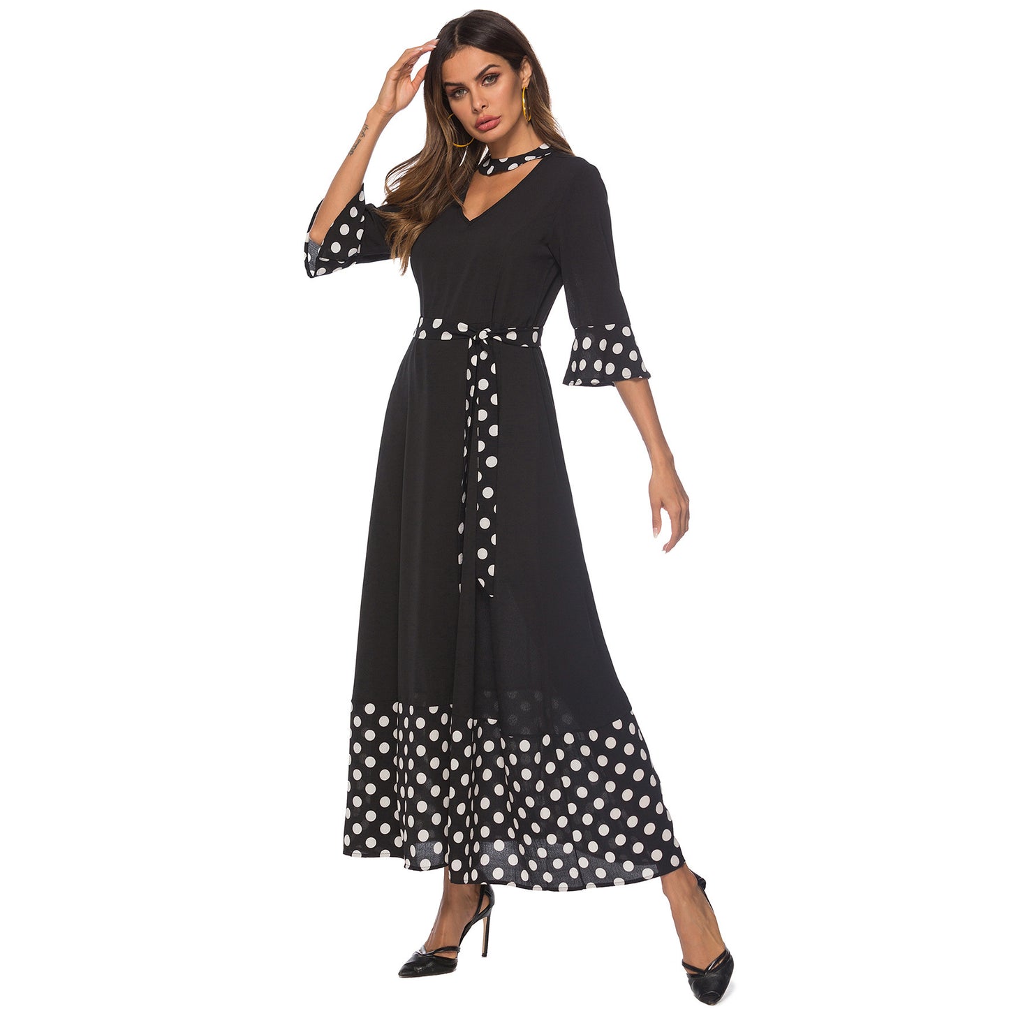 Women Clothing Dress V neck Flared Sleeves Stitching Polka Dot Dress