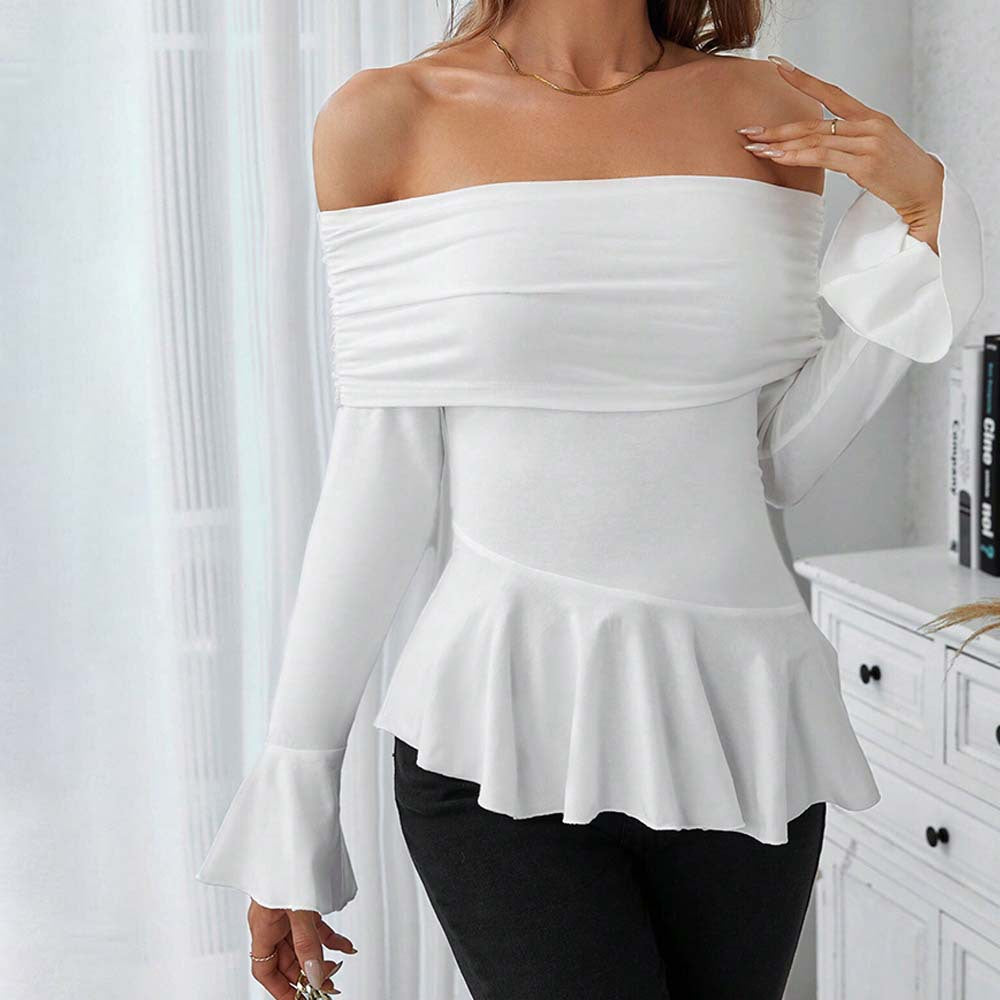 Women Clothing Adult Lady like Woman Intellectual T shirt Autumn Winter Boat Collar Slim Fit Figure Flattering Top White