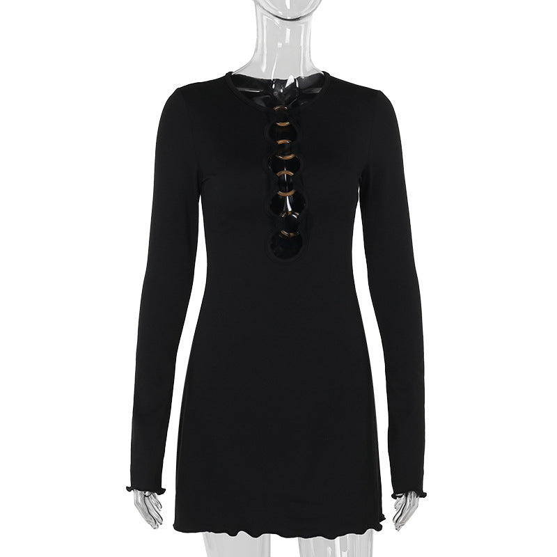 Knitted Sexy Cutout Long Sleeve Narrow Dress Women Sexy Dress Black