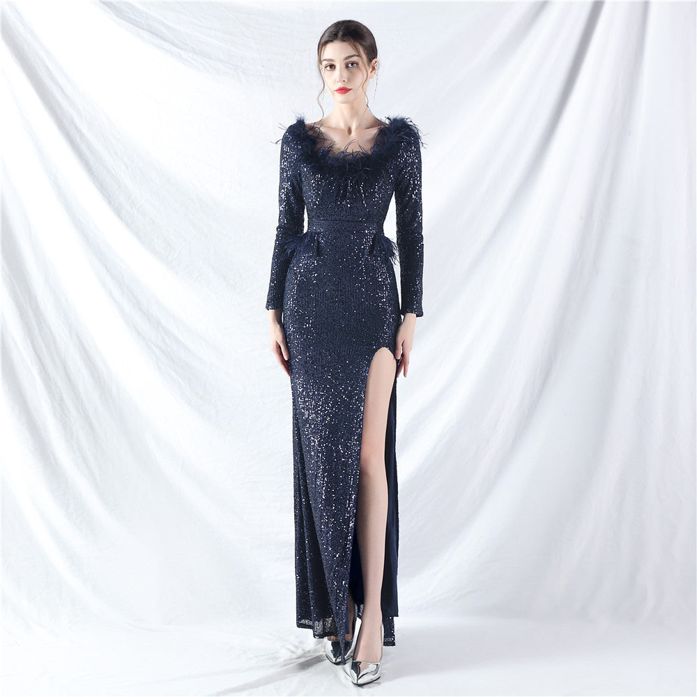 Craft Order Ostrich Feather Long Sleeve Sequin Evening Dress purplish blue