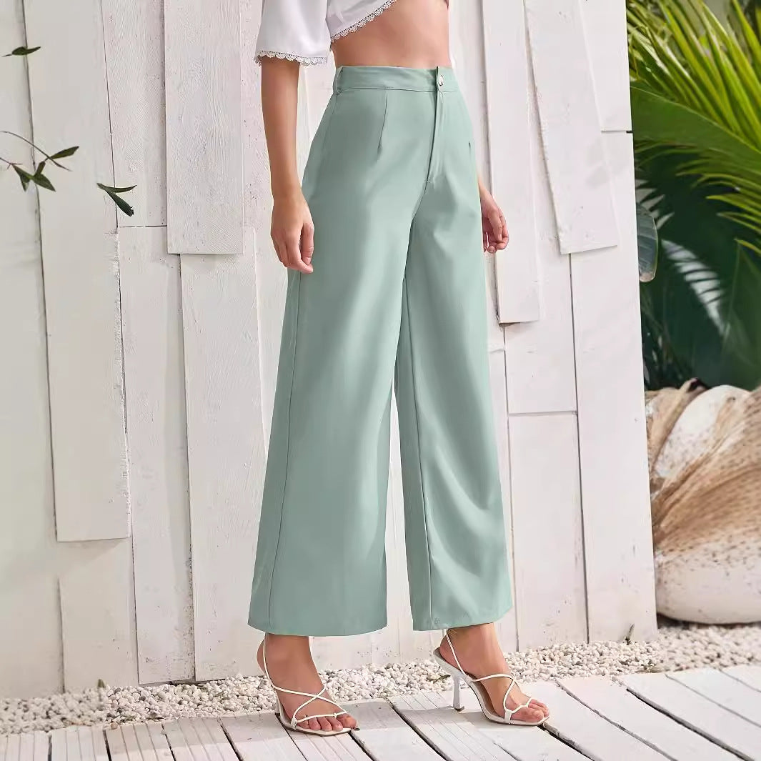 Women Autumn Solid Color High Waist Drooping Straight Leg Pants Fresh Comfort Casual Wide Leg Pants