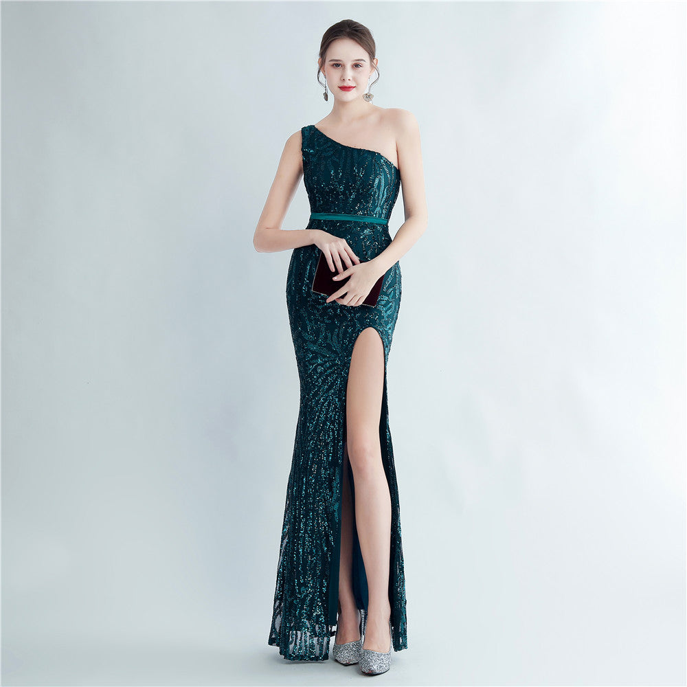 Positioning Floral Sequin One Shoulder Diagonal Collar Side Slit Long Evening Dress Green