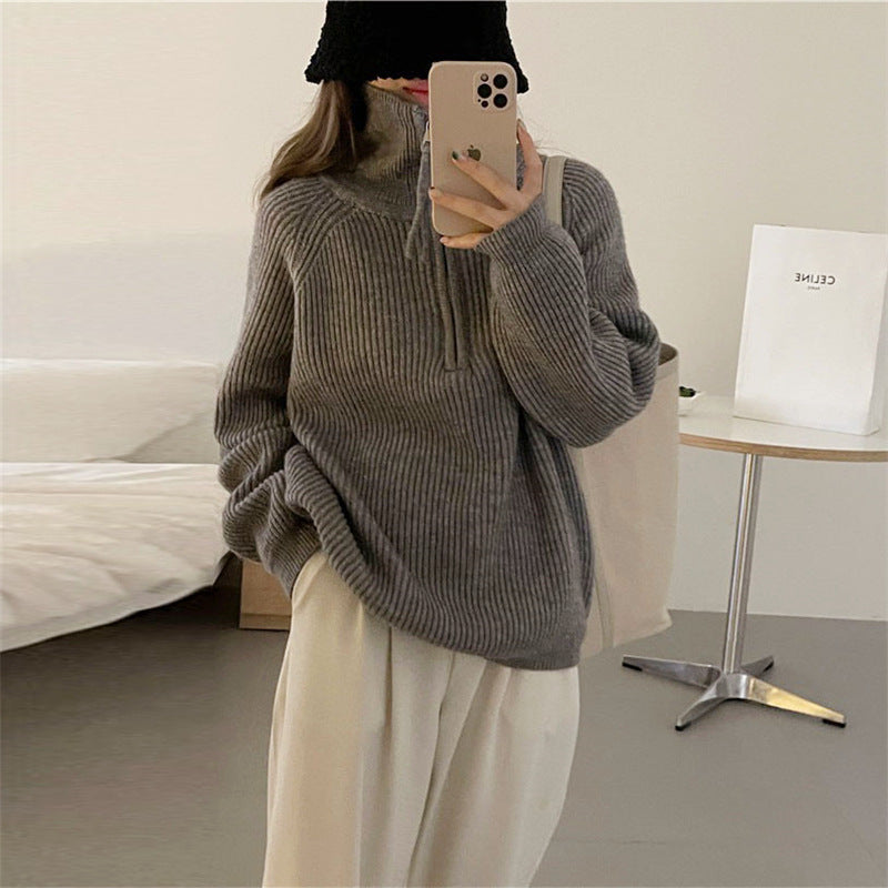 Sunken Stripe Half Zipper Sweater Women Design Stand Collar Soft Glutinous Loose Lazy Outerwear Sweater Top Women One Size Gray