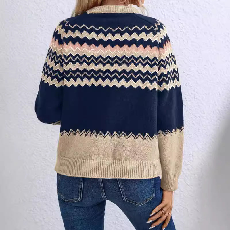 Women Clothing Sweater round Neck Knitted Top Classic Striped Color Block Knitwear