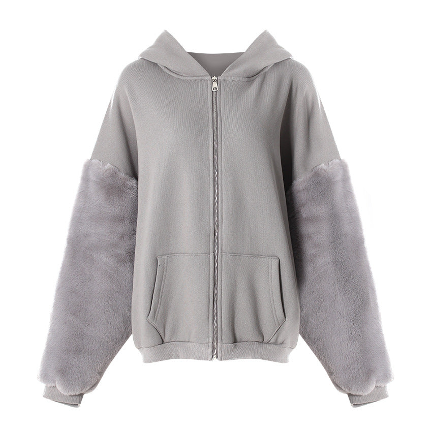 Winter Hooded Fleece lined Furry Sleeves Sweater Women Idle Casual Loose Sleeve Length Cardigan Outerwear Top Gray